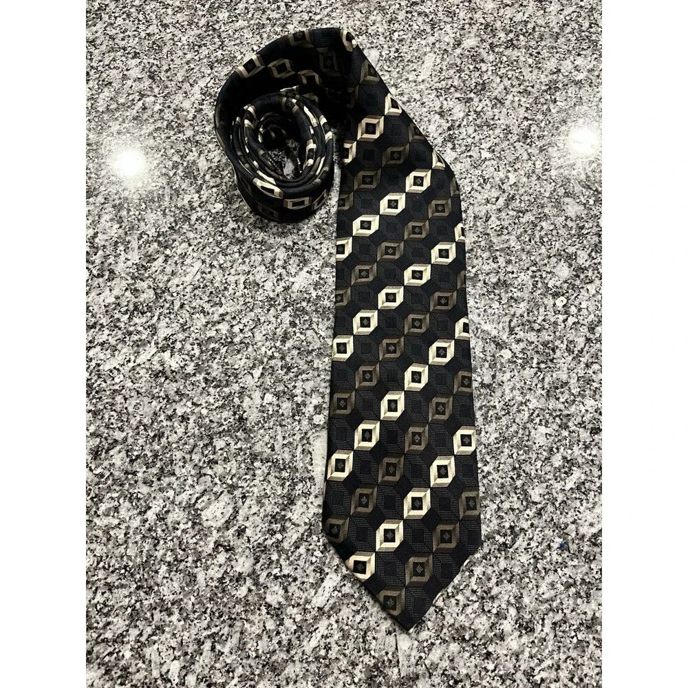 Alexander Julian Men's Black Beige Brown Geometric Pointed Tie 100% silk 0060